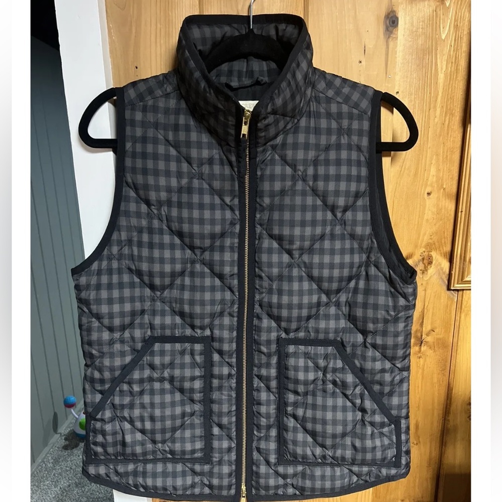 J.Crew Womens S Down Quilted Puffer Vest Gray Gingham Zip Up Snap Pockets